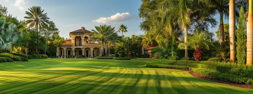 Lush, manicured lawn with healthy trees and a beautiful home, showcasing the benefits of tree maintenance and enhancing property value in Orlando.