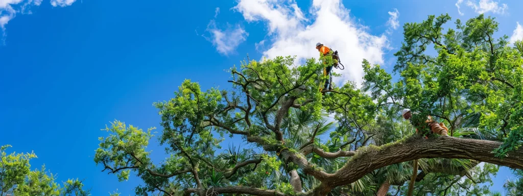 Tree trimming professional in orange gear maintaining healthy tree canopy against blue sky, emphasizing tree care and property value enhancement.