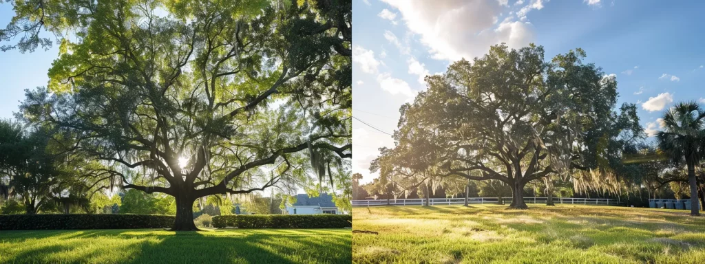 Vibrant oak trees in a sunny landscape, showcasing healthy canopies and lush green grass, emphasizing the importance of tree maintenance for property value and safety.