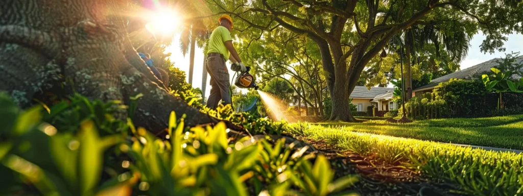 Professional arborist using blower in lush residential landscape, emphasizing tree maintenance and property care in Orlando.