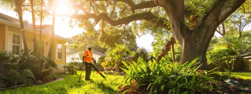 Tree service professional using a leaf blower in a sunlit yard, emphasizing the importance of regular tree maintenance for property value and health.