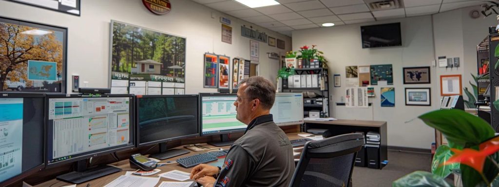 Office workspace with a professional at a computer, managing tree service operations, multiple monitors displaying data and graphics, surrounded by organizational materials and plants, reflecting Longwood Tree Service's commitment to efficiency and customer support.