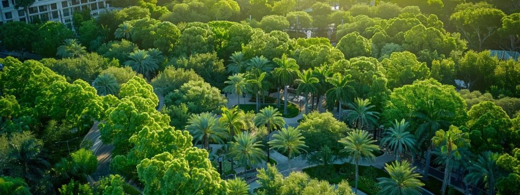 Aerial view of a lush urban landscape featuring diverse trees and palm trees, illustrating the importance of tree attributes in determining trimming costs in Orlando, Florida.