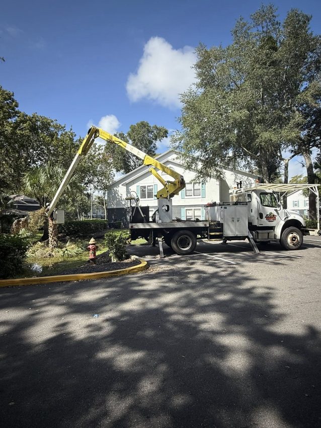 Tree maintenance truck with a yellow lift in residential area, surrounded by trees and a fire hydrant, illustrating professional tree care services in Orlando.