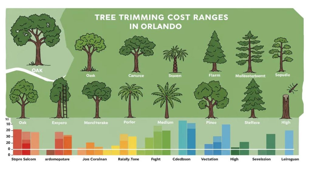 Tree trimming cost ranges in Orlando illustrated with various tree types, including oak, palm, and conifer species, alongside a color-coded bar graph indicating pricing tiers based on tree size and species.