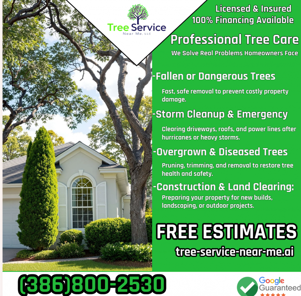 Tree service advertisement featuring professional tree care services, including fallen tree removal, storm cleanup, and land clearing, with contact information and a guarantee of free estimates.