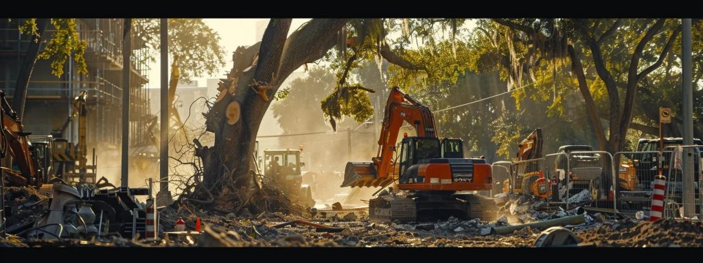 Excavator and construction equipment clearing trees and debris in an urban setting, highlighting land clearing services for residential and commercial projects.