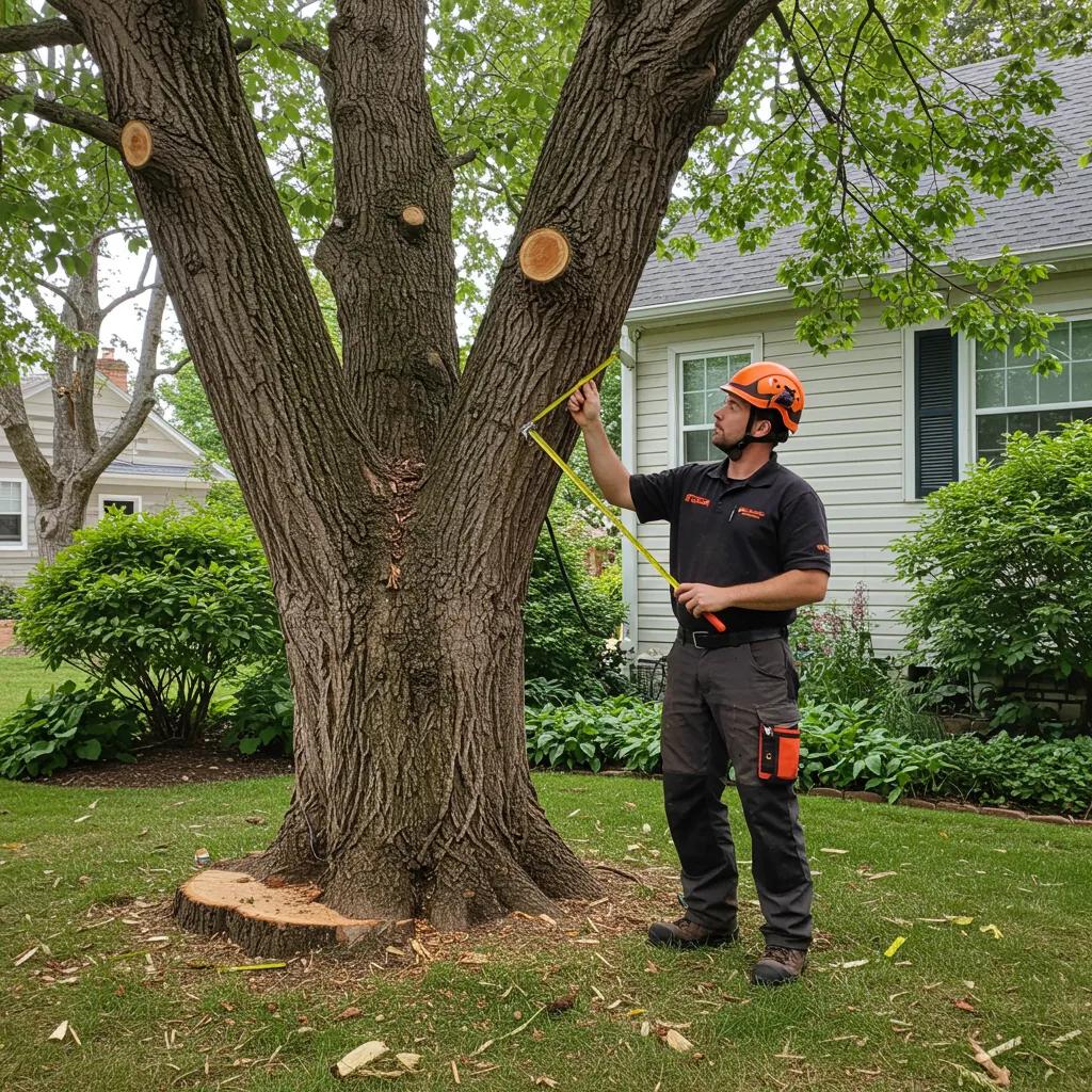Arborist measuring tree health with a tape measure, showcasing professional tree care's role in enhancing property value and aesthetics in Orlando.