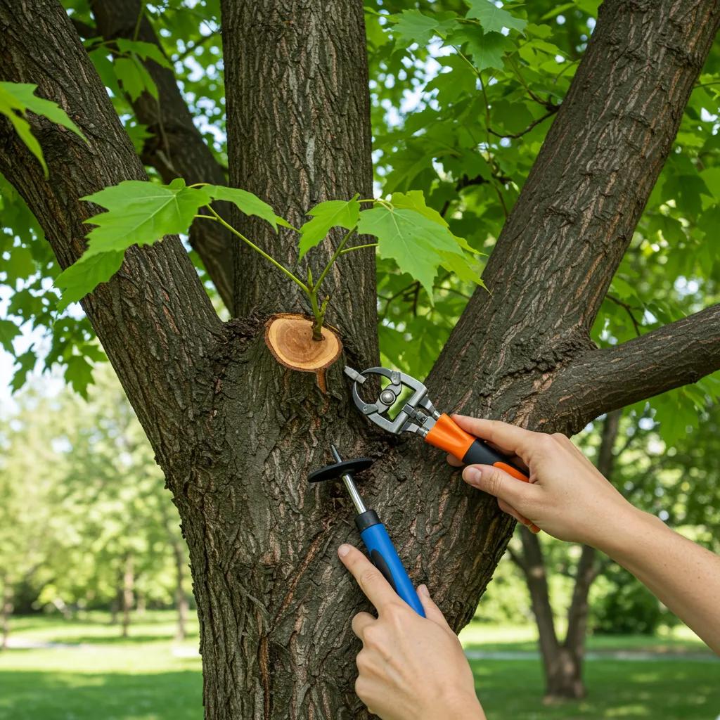 Arborist using pruning tools on a tree branch during a health assessment, showcasing tree care practices for improved growth and maintenance.