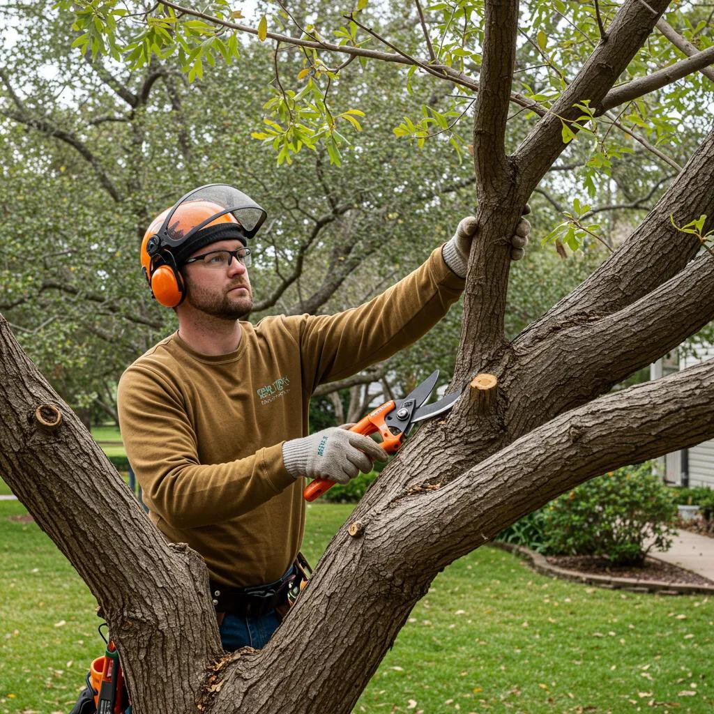 Arborist demonstrating proper pruning techniques on a live oak tree, focusing on clean cuts and tree health in Orlando.