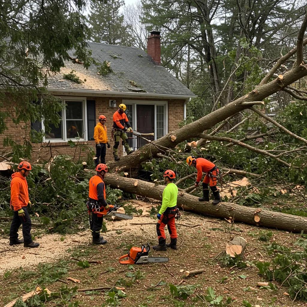 Emergency arborists in safety gear assessing and removing a large fallen tree after a storm, with debris scattered around a residential property.