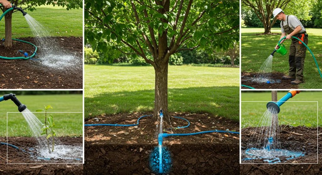 Tree watering techniques with soaker hoses, deep-soak methods, and moisture monitoring for healthy tree growth in Orlando.