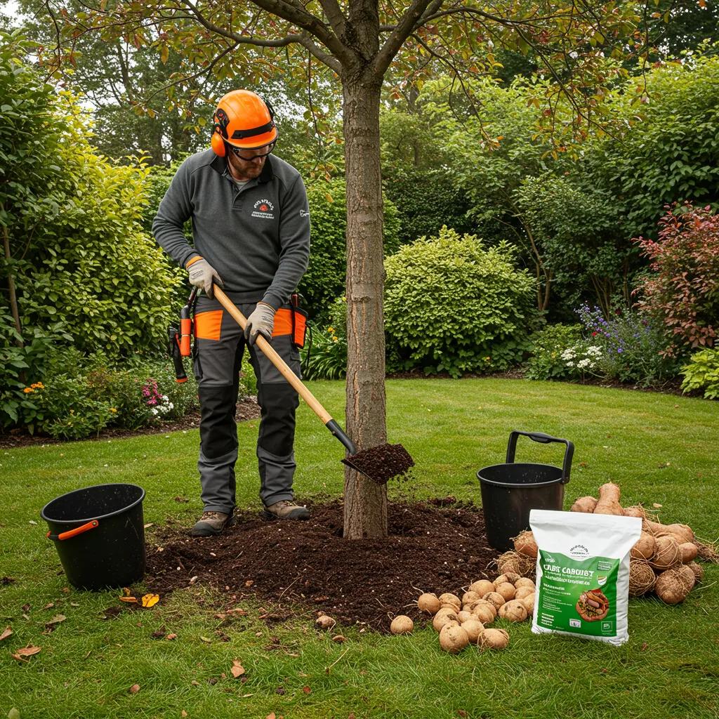 Certified arborist applying soil amendment around a young tree, illustrating effective treatments for nutrient deficiencies in tree care.