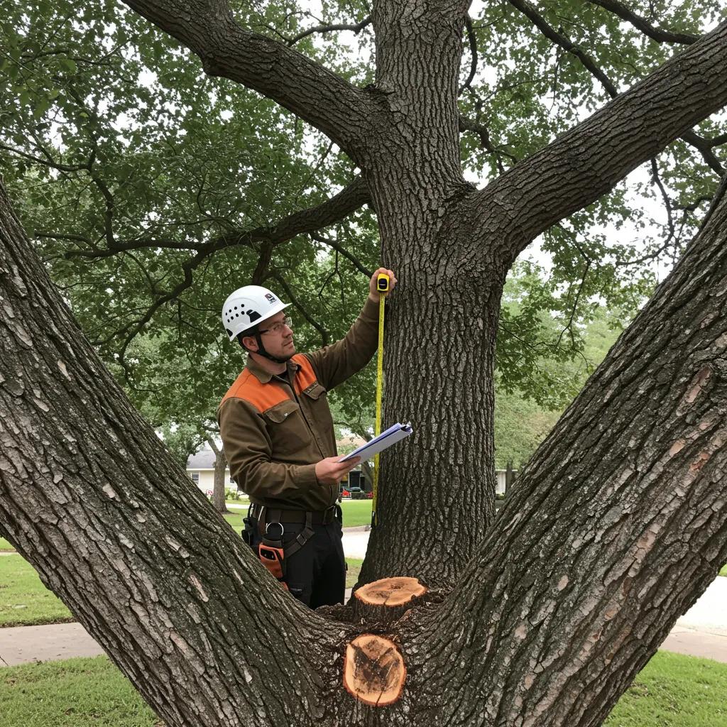 Certified arborist measuring tree diameter with tape measure, assessing tree health for Orlando removal permit documentation.