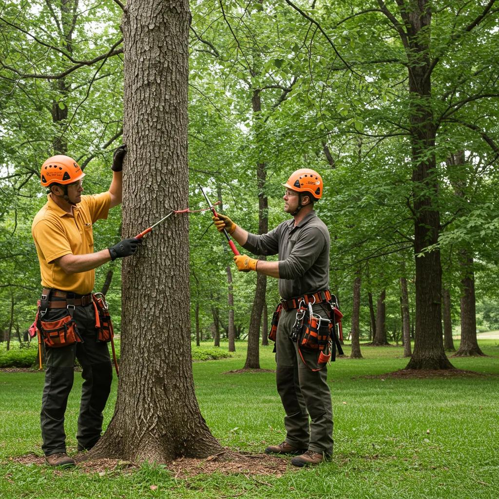 Certified arborists assessing tree health and demonstrating professional tree care techniques in a lush green park.