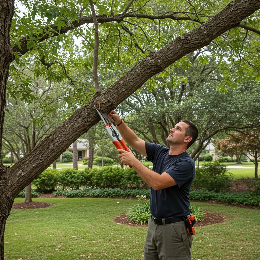 Certified arborist pruning a Live Oak tree, illustrating ideal pruning techniques