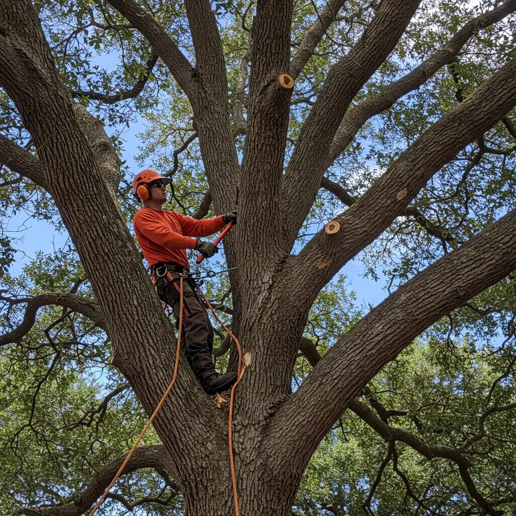 Certified arborist pruning an oak tree in Maitland, demonstrating professional tree care techniques and safety measures.