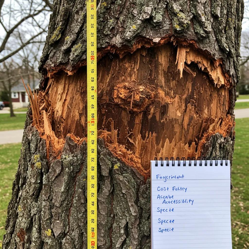 Close-up of a damaged tree showing bark peeling, measuring tape, and notes on cost factors for tree removal, emphasizing safety and liability considerations for homeowners.