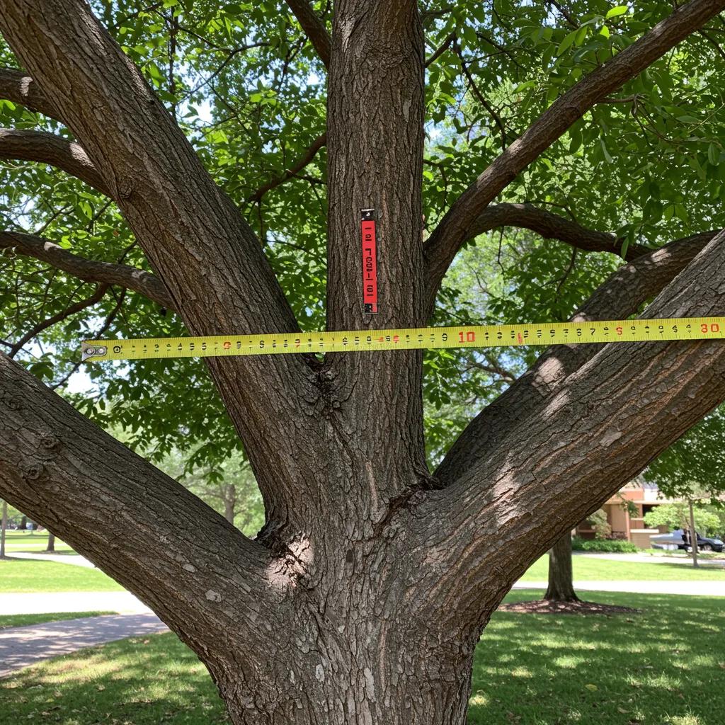 Close-up of a tree trunk with a measuring tape indicating DBH measurement, surrounded by green foliage, relevant to Orlando's protected tree regulations and permitting process.