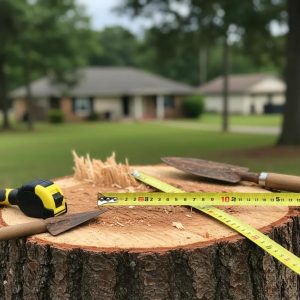 Close-up of a tree stump with measuring tape and gardening tools, representing stump grinding services and tree removal cost assessment for Lake Mary Tree Service.
