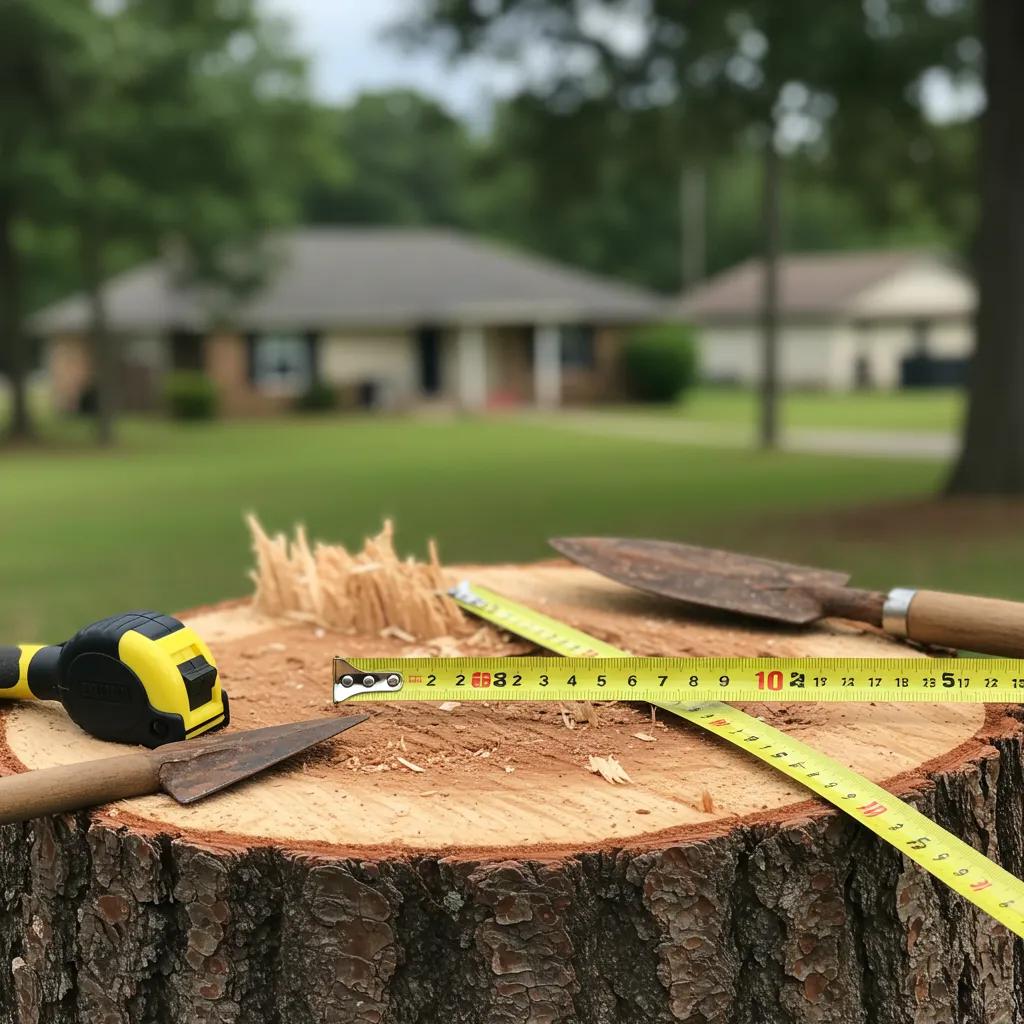 Close-up of a tree stump with measuring tape and tools, illustrating tree removal cost assessment in Apopka.