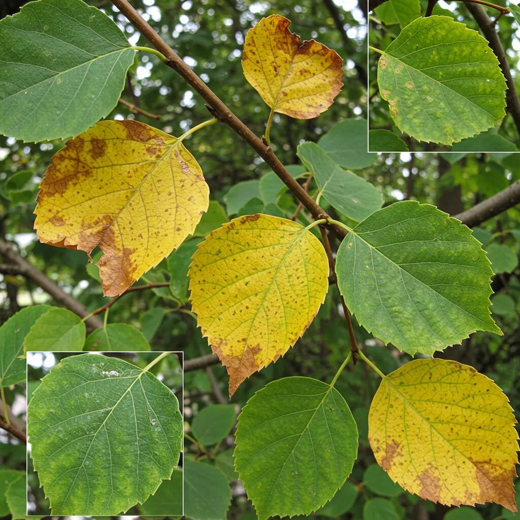 Close-up of tree leaves exhibiting symptoms of nutrient deficiencies, including yellowing and chlorosis, with some leaves showing interveinal yellowing and necrosis.