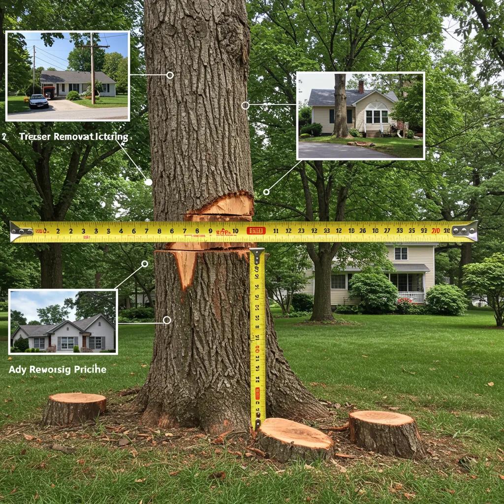 Close-up of tree trunk with measuring tape indicating diameter, showcasing factors affecting tree removal pricing, and nearby residential structures.