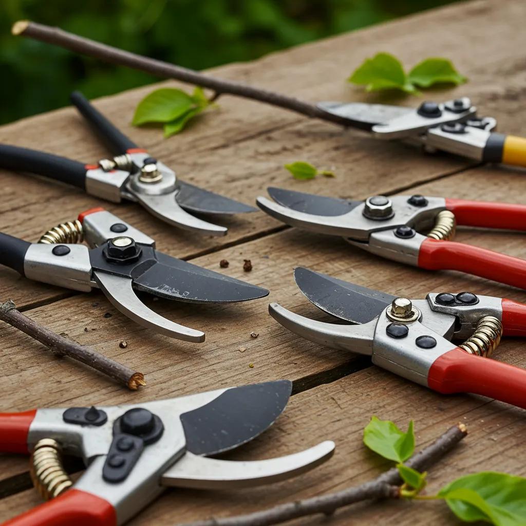 Close-up of various pruning shears, including bypass and ratchet types, arranged on a wooden table with small branches and leaves, illustrating essential tree pruning tools for homeowners.