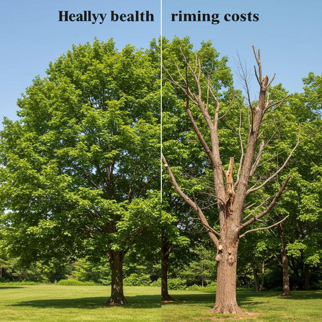 Comparison of a healthy tree on the left and a diseased tree on the right, highlighting factors influencing tree trimming costs in Orlando, with visible text "Healthy Health" and "Trimming Costs."