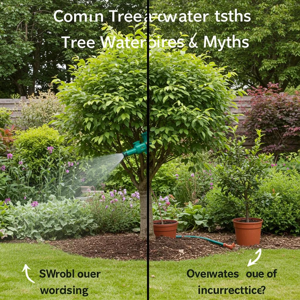 Contrasting image of a healthy tree being watered and a stressed tree, illustrating common myths about tree watering practices.