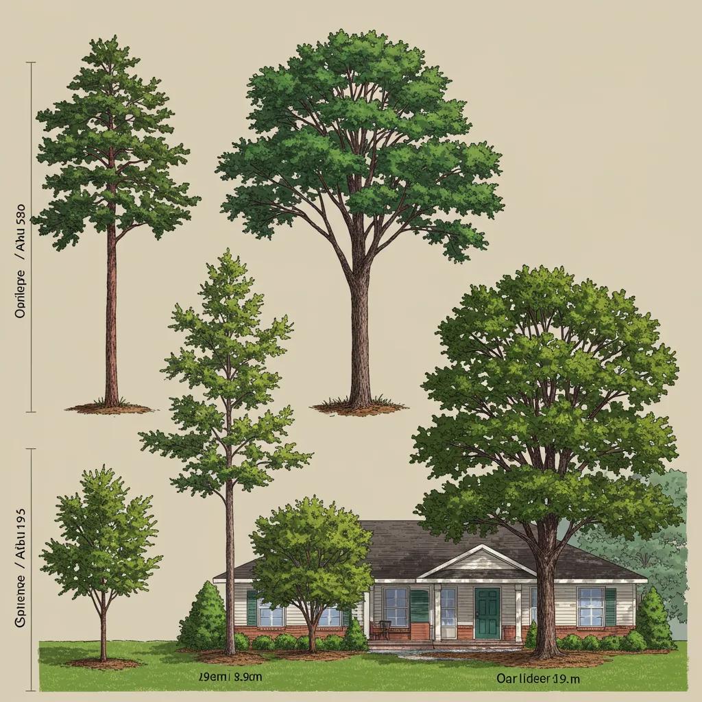 Illustration of various tree species with size variations in a residential setting, featuring a house in Orlando, highlighting tree removal and trimming considerations.