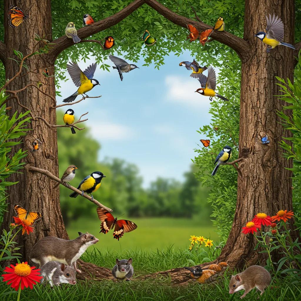 Diverse wildlife including birds, butterflies, and small mammals thriving in a tree-rich environment, highlighting the ecological benefits of urban trees in Orlando.