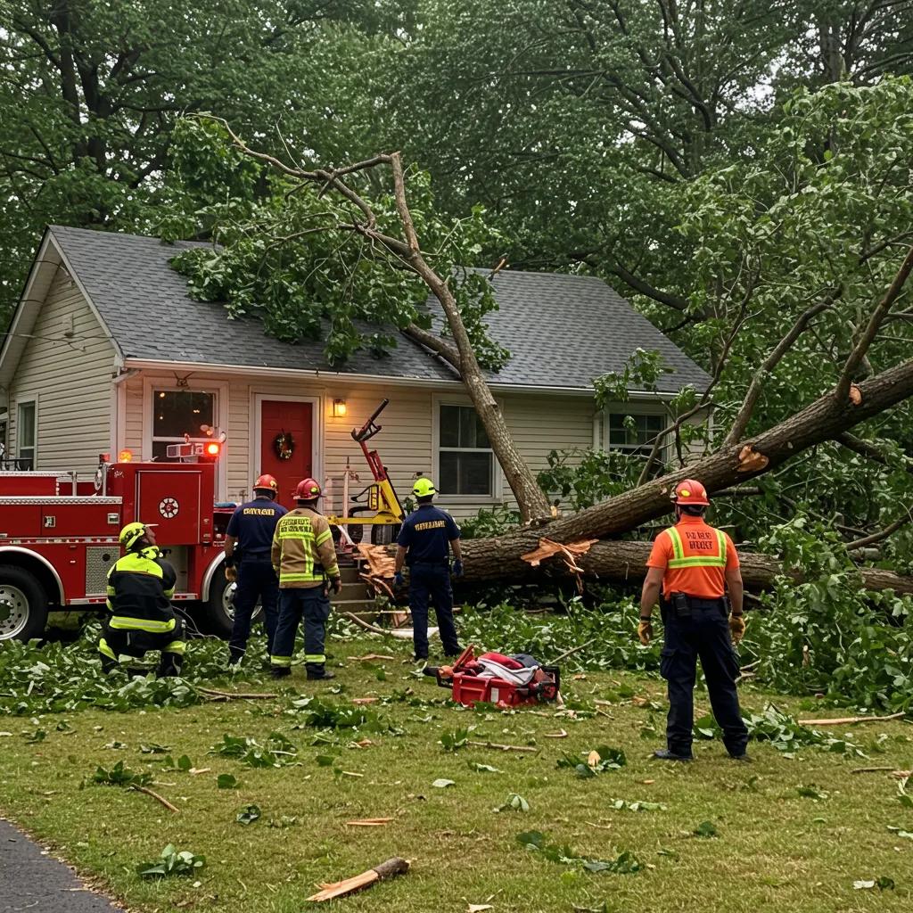Emergency responders assessing a fallen tree on a house after a storm, with a fire truck and equipment visible, highlighting the need for emergency tree removal services.