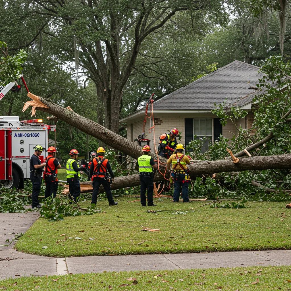 Emergency responders assessing a fallen tree on a house in Orlando, illustrating the urgent need for emergency tree removal services.