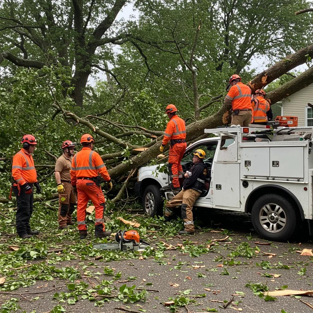 Emergency tree service crew assessing a fallen tree on a vehicle after a storm, highlighting urgent tree care needs and safety protocols in Celebration, Florida.