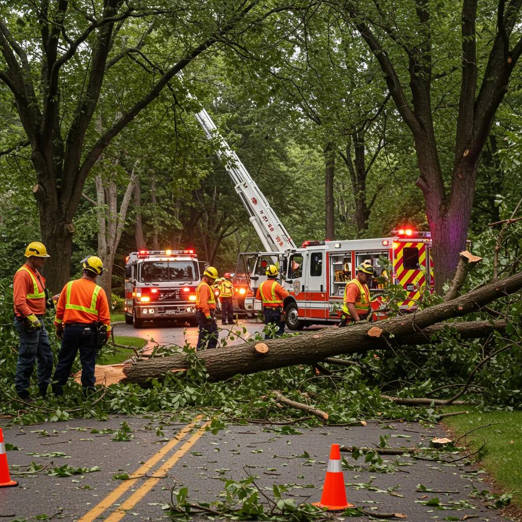 Emergency tree service team responding to a fallen tree, firefighters and workers in safety gear, scene secured with traffic cones and emergency vehicles in a wooded area.