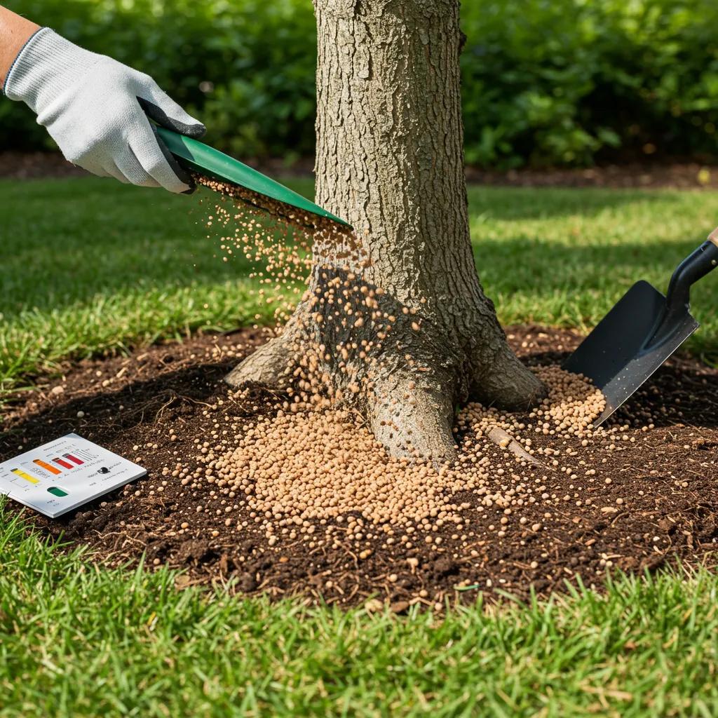 Gardener applying slow-release fertilizer around a tree, emphasizing proper fertilization practices for spring tree care in Orlando, with a soil testing kit visible nearby.