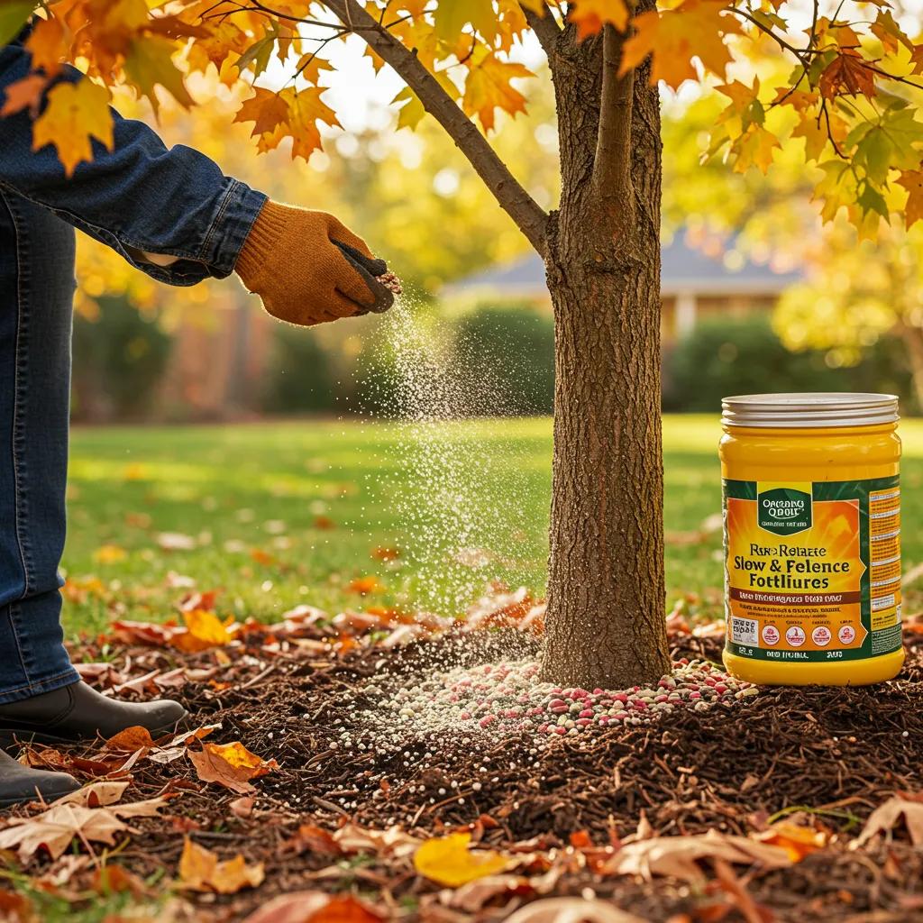 Gardener applying slow-release fertilizer to a tree in fall, emphasizing tree health and nutrient support, with autumn leaves and yellow fertilizer container visible.
