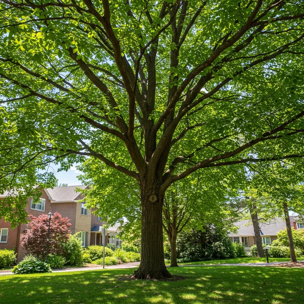 Healthy tree providing air filtration in urban neighborhood, showcasing lush green leaves and residential homes, emphasizing environmental benefits and ecosystem services related to air quality improvement.