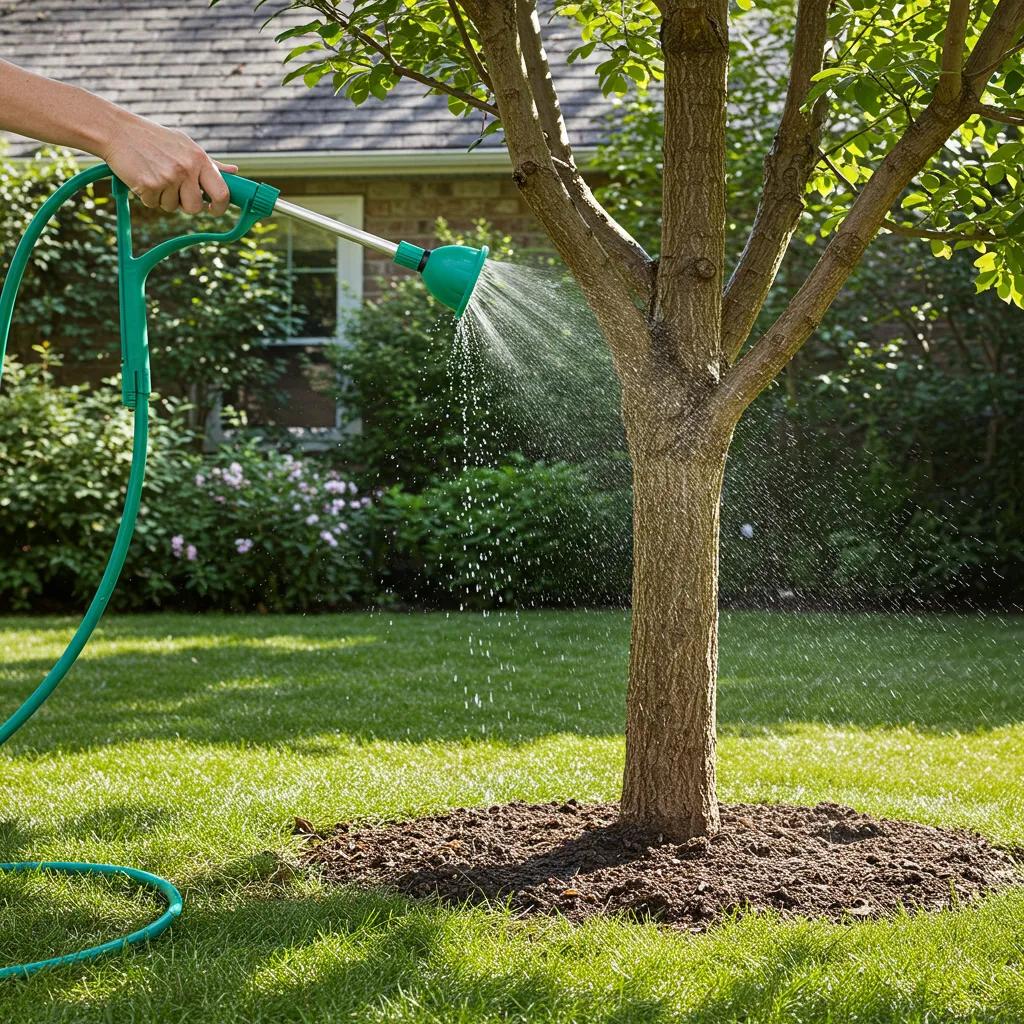 Homeowner using a tree watering wand to irrigate a mature tree in a garden, promoting deep root watering for healthy tree growth.