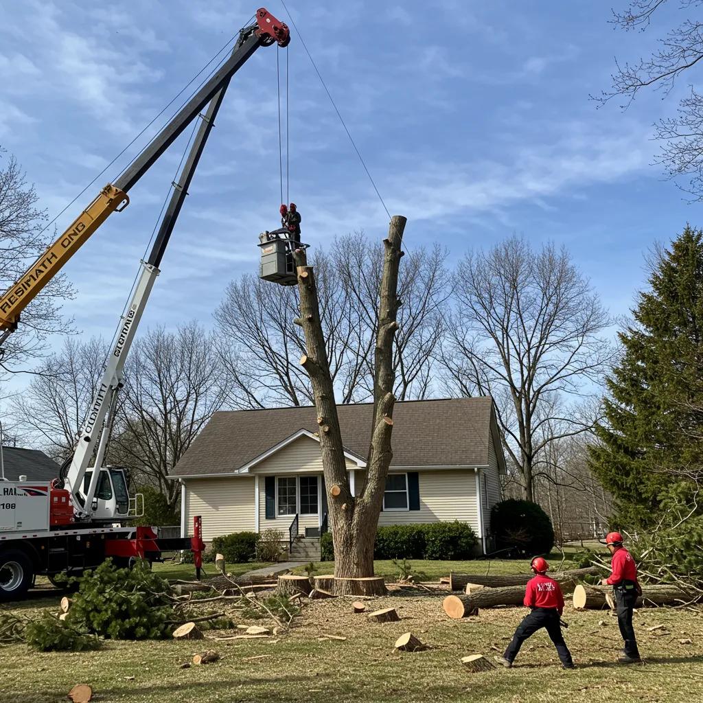 Tree removal service in a residential setting, showcasing a crane with workers in a lift, precision cutting of a tall tree, and safety measures in action, with logs and debris on the ground.