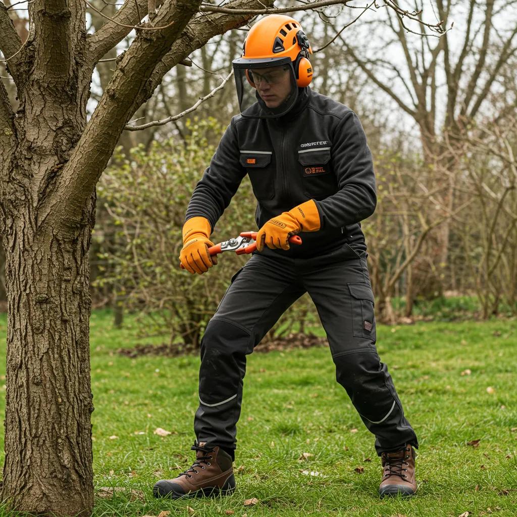 Person in safety gear, including helmet, goggles, and gloves, using pruning shears on a tree, emphasizing proper PPE for tree pruning safety.