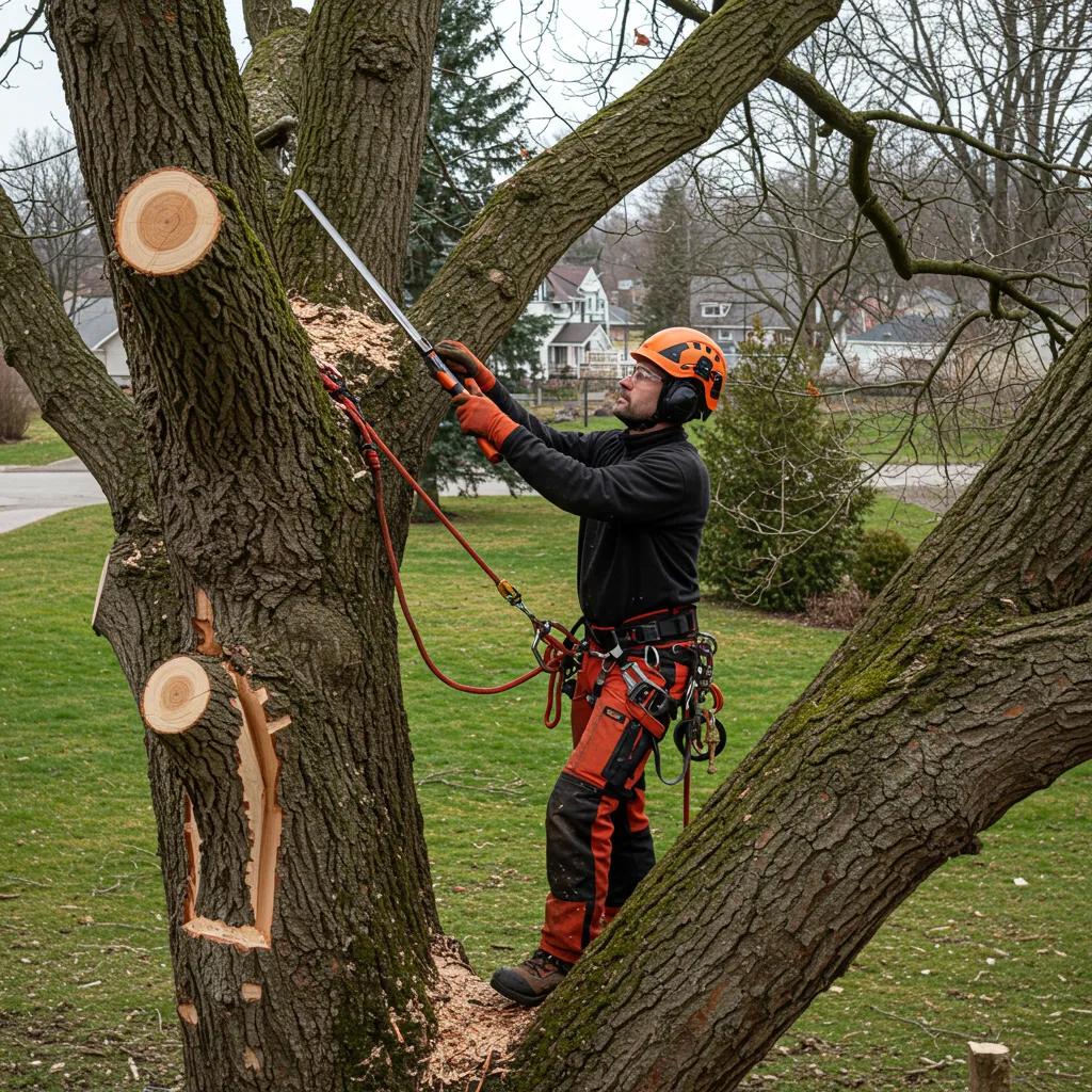 Professional arborist pruning a large tree, demonstrating essential spring tree care techniques for optimal growth and health.