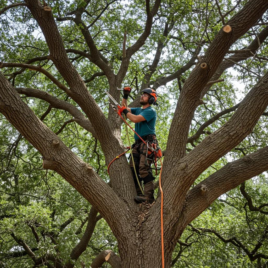 Professional arborist pruning a live oak tree in Orlando, demonstrating summer tree care techniques for improved airflow and health.