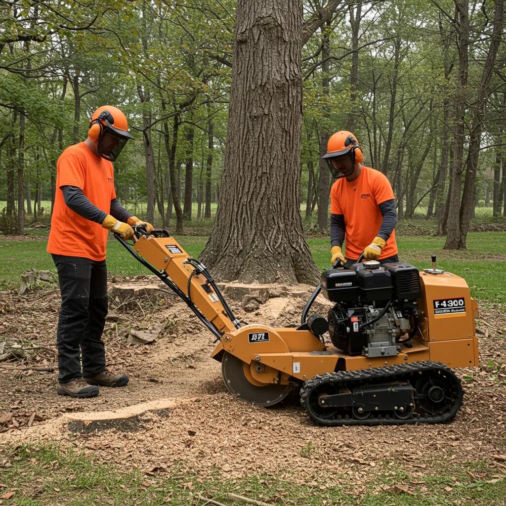 Professional crew operating a stump grinder in a wooded area, demonstrating safety measures and equipment setup for stump grinding services.