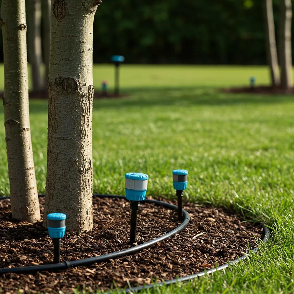 Smart irrigation system with sensors and emitters installed around a tree in a green garden, showcasing efficient deep watering solutions for tree care.