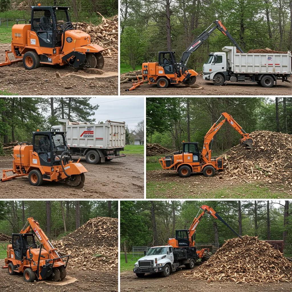 Stump grinding equipment and debris hauling trucks in a tree removal service setting, illustrating additional costs for stump work and debris disposal in Orlando.