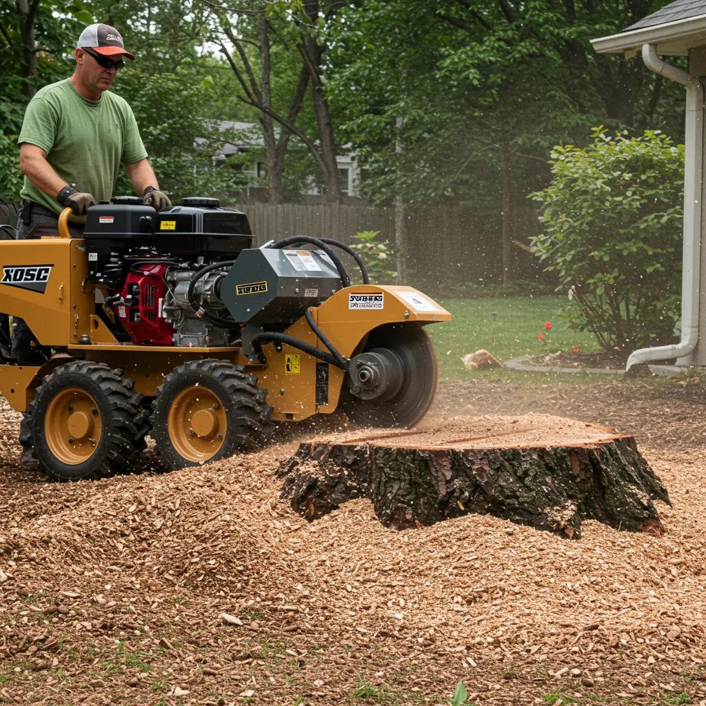 Stump grinding machine in action efficiently removing a large tree stump in a residential backyard, surrounded by wood chips and debris, emphasizing arborist services in Orlando.