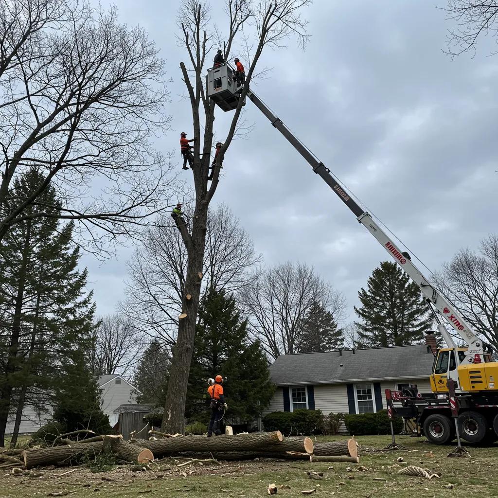 Tree removal crew using a crane to extract a large tree, with workers in safety gear and cut logs on the ground, showcasing specialized equipment for hazardous tree removal in Windermere.