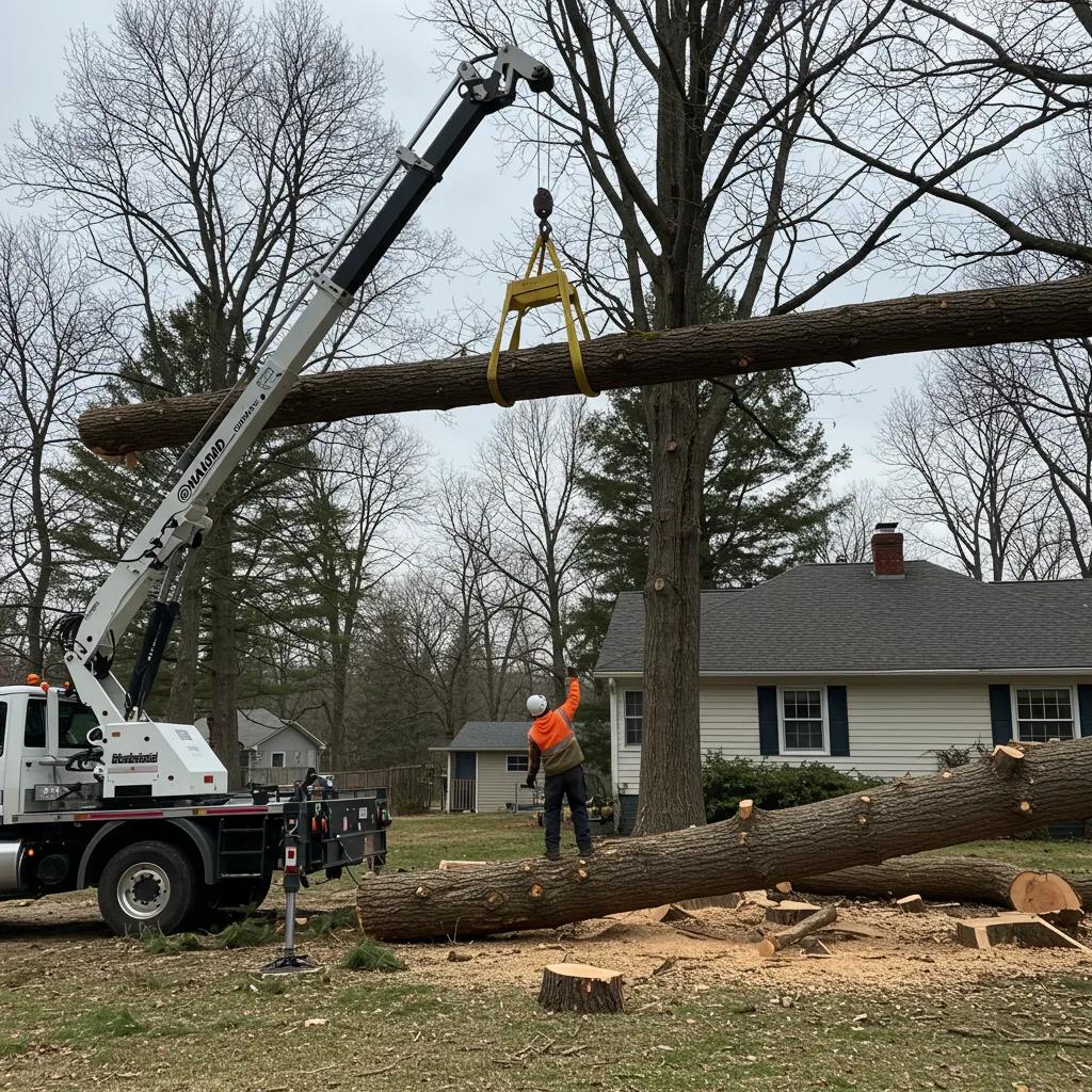 Crane lifting a large tree section during professional tree removal service, showcasing safety techniques and equipment used in tree care.